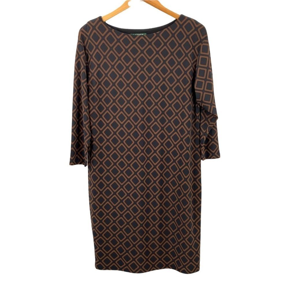 Lauren Ralph Lauren Black and Brown Geometric Print Jersey Dress Size Large - Picture 2 of 5